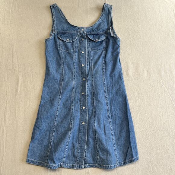 Xhilaration 90s Denim Overall Dress Large Mini Y2K Retro Pearl Snap - Picture 1 of 11